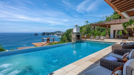 Luxury infinity pool with ocean view, tropical resort villa photography for travel and tourism design and print
