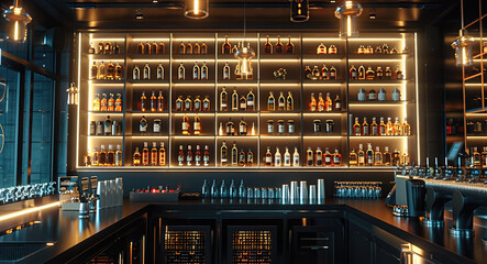 Elegant dark interior of a luxury hotel bar with shelves stocked. Generative AI.