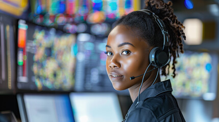 a young African heritage woman, wearing headphones with a mic while training as an air traffic controller.