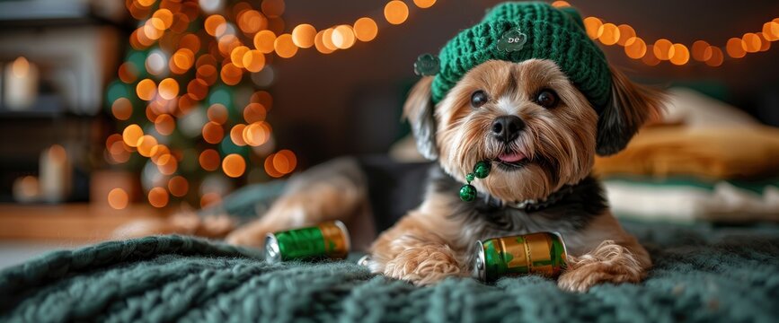 A playful Shih Tzu wearing a green hat, surrounded by St. Patrick's Day