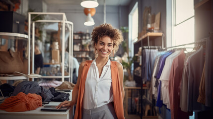 Fototapeta premium Smiling businesswoman in a fashionable suit stands in a clothing store with racks of clothes in the background