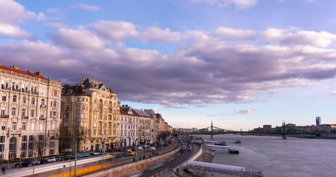 Budapest, Hungary - February 5, 2024: Landscape view from Erzsebet Bridge. Time-lapse, slide transition.