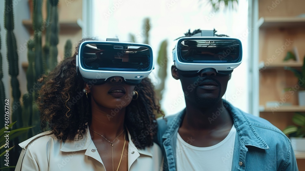 Poster Portrait of Two Diverse Developers Using VR glasses. Male and Female. Generative AI.
