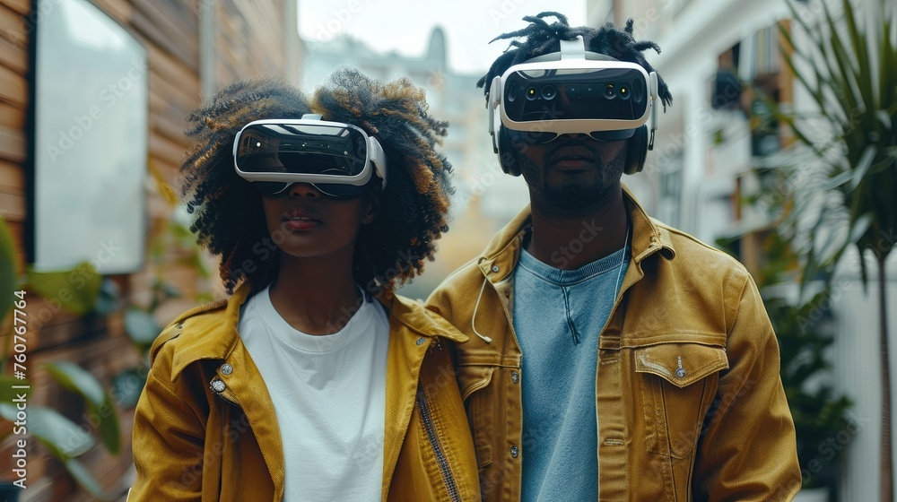 Poster portrait of two diverse developers using vr glasses. male and female. generative ai.