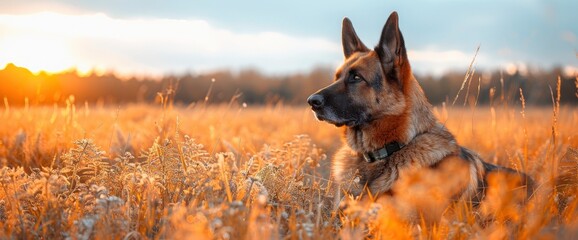 A regal German Shepherd adorned in green attire, standing proudly amidst a field of blooming shamrocks, with a clear blue sky overhead
