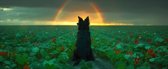 A regal Greyhound standing amidst a field of clovers, with a rainbow in the sky and a beer bottle at its paws, celebrating St. Patrick's Day, Wallpaper Pictures, Background Hd - obrazy, fototapety, plakaty