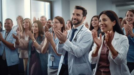 A group of healthcare professionals in lab coats clapping and smiling, seemingly celebrating or acknowledging a success or achievement.