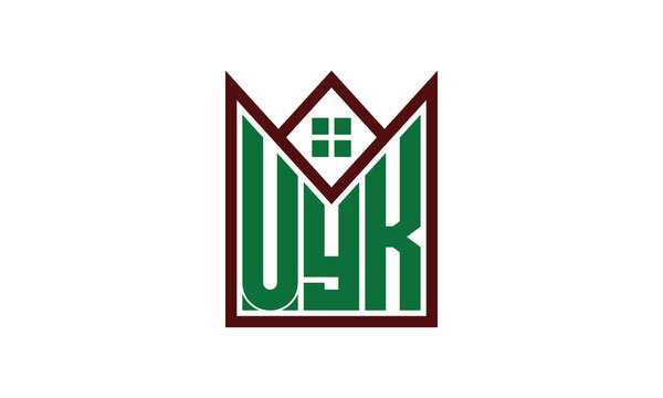 UYK initial letter real estate builders logo design vector. construction, housing, home marker, property, building, apartment, flat, compartment, business, corporate, house rent, rental, commercial