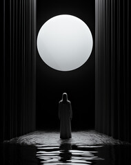 Woman Facing Large Moon in Dark Watery Scene. Monochrome image - obrazy, fototapety, plakaty