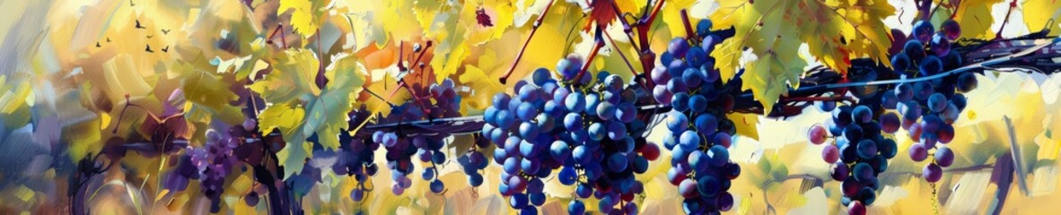 Vibrant oil painting of blue grape clusters with autumn leaves. Artistic vineyard representation