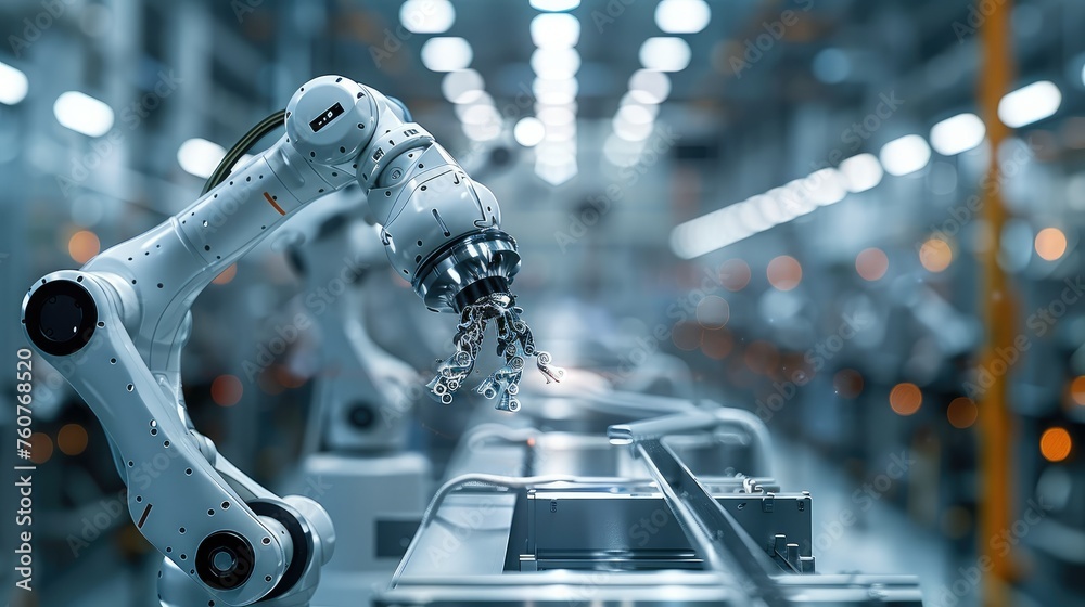 Poster Assembly and movement of small shiny objects using robotic arms in aerospace manufacturing. Generative AI.