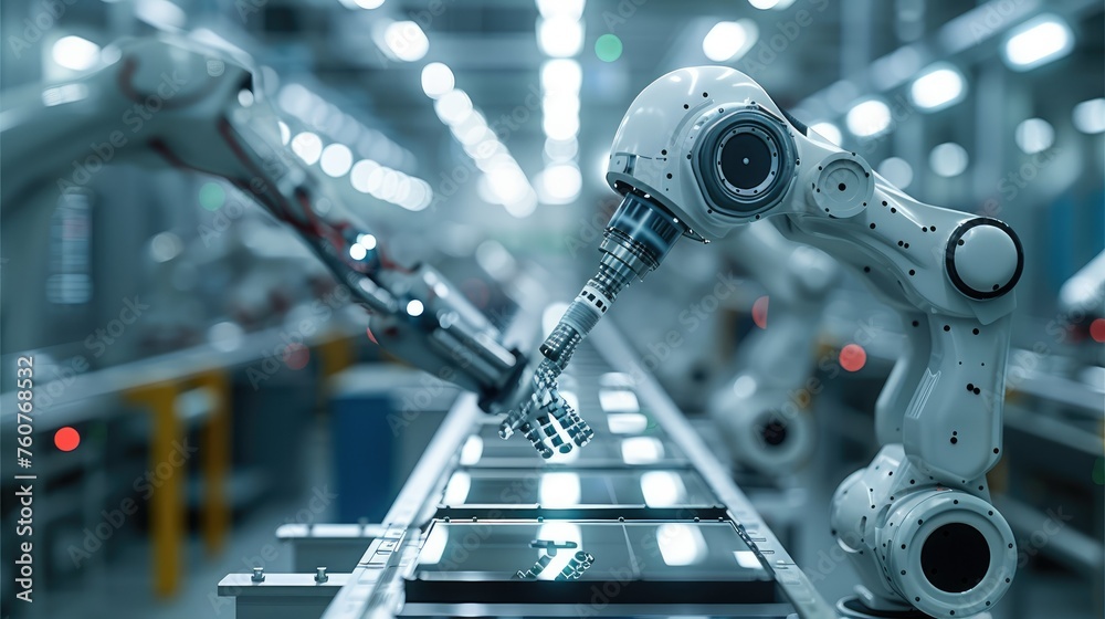 Leinwandbilder Assembly and movement of small shiny objects using robotic arms in aerospace manufacturing. Generative AI.