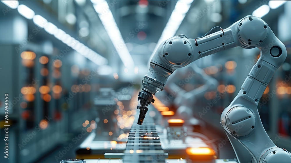 Poster Assembly and movement of small shiny objects using robotic arms in aerospace manufacturing. Generative AI.