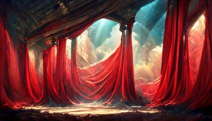 red curtain and curtains - obrazy, fototapety, plakaty