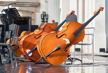 Cello classical instrument on an empty stage. Classical music concept.
