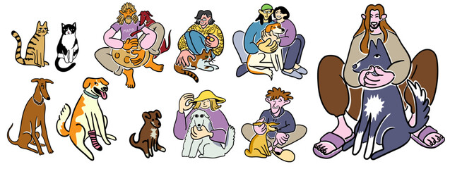 color cartoon people doodle style. set of men and women in different poses.print advertising poster template. pets lovers