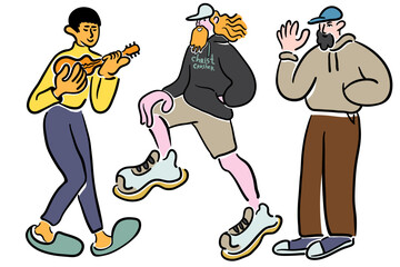 color cartoon people doodle style. set of men and women in different poses.print advertising poster template.