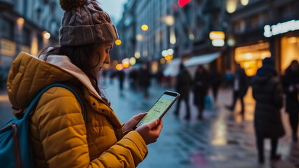 Young woman in winter attire checking GPS navigation on her smartphone while exploring the city streets in the evening.
 - obrazy, fototapety, plakaty