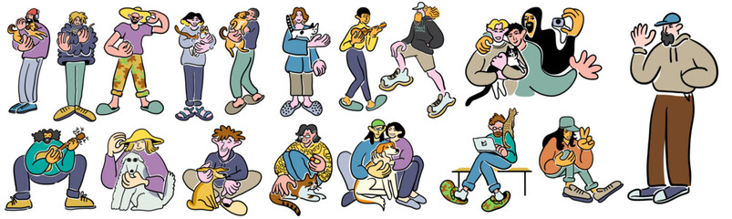 color cartoon people doodle style. set of men and women in different poses.print advertising poster template. pets lovers