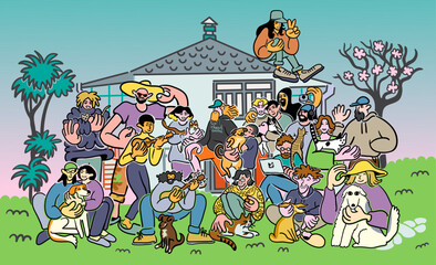 color cartoon people in doodle style on the background of the house. joint portrait of family friends company team.design print advertising poster template. pets lovers