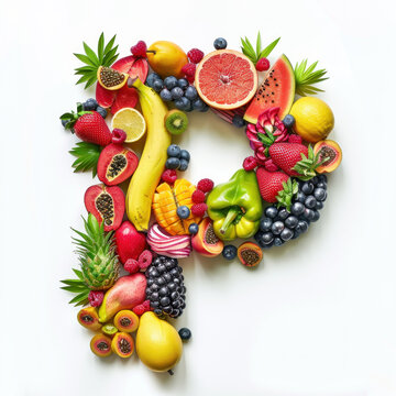 Vibrant Assortment of Fruits Arranged in Alphabet Letter P  on Pristine Background