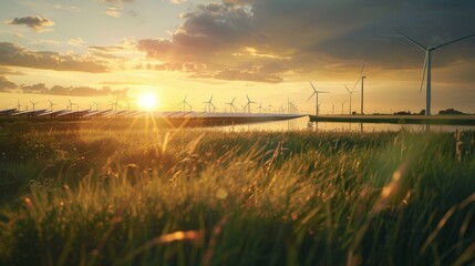 Sunrise over solar panels and wind turbines in green field. Clean energy and environmental technology concept - obrazy, fototapety, plakaty