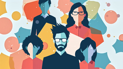 An abstract, colorful illustration showcasing a diverse group of stylized professional figures against a playful backdrop of geometric shapes.
