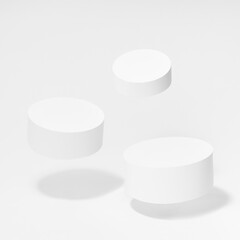 Set of three round tilt white pedestals for cosmetic products mockup, fly in hard light, shadow on...