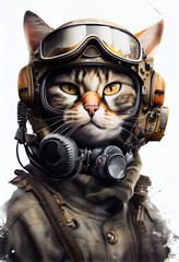 Military pilot cat, isolated on white. AI generated.