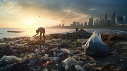 Person squatting by the shore, picking up trash with a bucket in hand, against the backdrop of a polluted beach