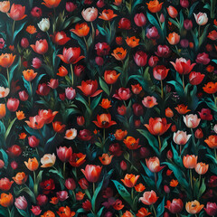 Fototapeta na wymiar Vibrant Tulip Flowers on Black Background in Oil Painting Style Gen AI