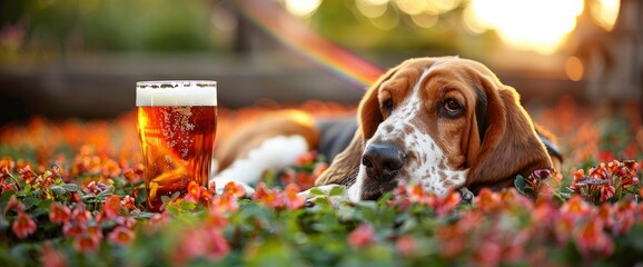 A serene Basset Hound sitting amidst a field of clovers, with a rainbow in the sky and a pint of beer beside it, celebrating St. Patrick's Day, Wallpaper Pictures, Background Hd - obrazy, fototapety, plakaty