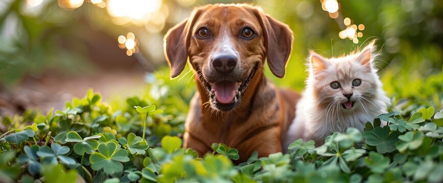 A serene Beagle and a fluffy Himalayan cat sitting amidst a field of clovers, with fireworks sparkling overhead, celebrating St. Patrick's Day, Wallpaper Pictures, Background Hd