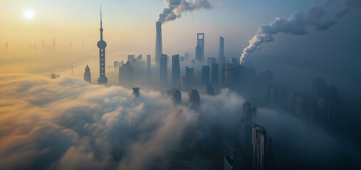 Hazy sunrise over the urban skyline - obrazy, fototapety, plakaty