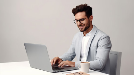 Happy young man working on a laptop against grey background