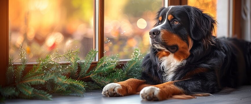 A serene Bernese Mountain Dog gazing out from a sunlit window, with a view of a bustling St Patrick's Day, Wallpaper Pictures, Background Hd