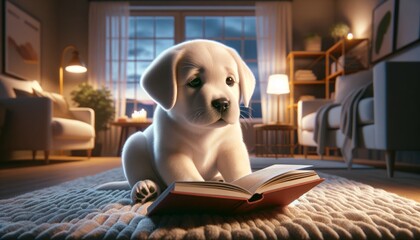 Cute Baby Labrador Dog Reading Book. Cartoon White Dog Sitting on the Floor in Bedroom. Cozy...