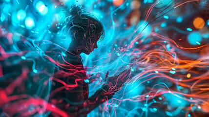 Silhouette of a woman surrounded by a dynamic flow of vivid light streams in an abstract setting.
