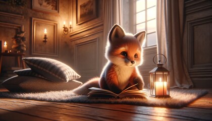Cute Baby Fox Reading Book. Cartoon Foxy Sitting on the Floor in Bedroom. Cozy Evening Room Interior Design. Soft Lighting. Adorable Character Illustration. Sweet Dreams Sand Good Night.