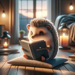 Cute Baby Hedgehog Reading Book. Cartoon Hedgehog Sitting on the Floor in Bedroom. Cozy Evening...
