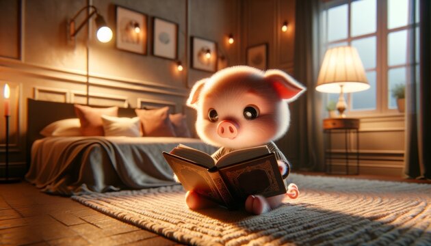 Cute Baby Pig Reading Book. Cartoon Piggy Sitting on the Floor in Bedroom. Cozy Evening Room Interior Design. Soft Lighting. Realistic Adorable Character Illustration. Sweet Dreams Sand Good Night.