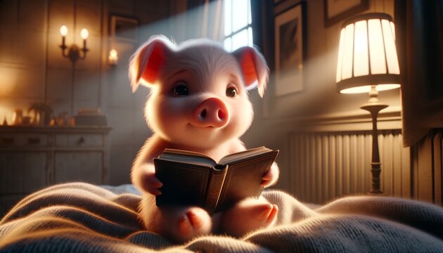 Cute Baby Pig Reading Book. Cartoon Piggy Sitting on the Floor in Bedroom. Cozy Evening Room Interior Design. Soft Lighting. Realistic Adorable Character Illustration. Sweet Dreams Sand Good Night.