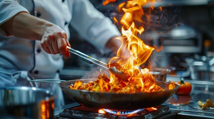 Chef cooking with flames in professional kitchen. Culinary arts and restaurant concept. Design for cooking classes poster and gourmet cuisine banner. - obrazy, fototapety, plakaty