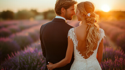Fototapeta na wymiar Bride and groom on their wedding day in lavender field.