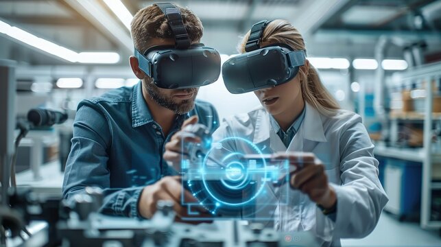 In a modern research lab, man and woman engineer work on a transparent digital tablet wearing virtual reality goggles. analyzing a 3D holographic projection of a complex machine part. Generative AI. - Powered by Adobe