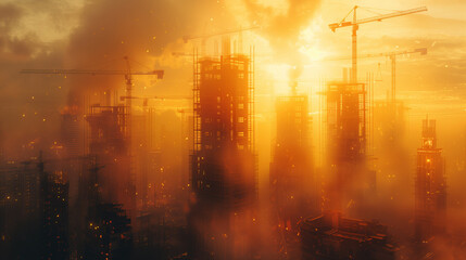 Large construction site including several cranes, with lots of gold sunlight.