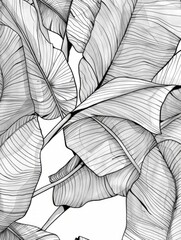 Detailed black and white drawing depicting various types of leaves, showcasing intricate textures and patterns