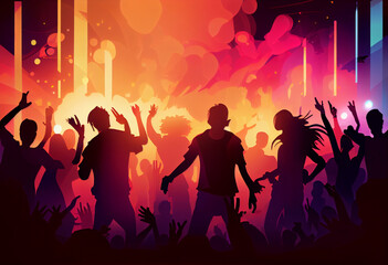Color illustration, people dancing at the party, silhouettes. AI generated.