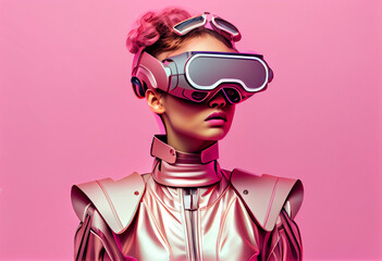 Futuristic stylishly dressed young woman in virtual reality glasses, colored background, mock-up. AI generated. - obrazy, fototapety, plakaty