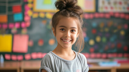beautiful smiling young brunette child at the school